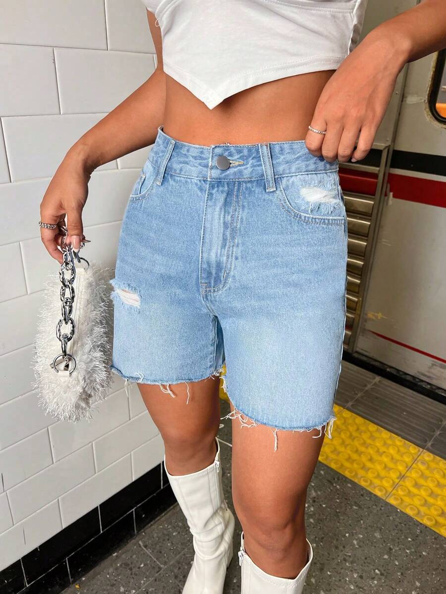 SHEIN ICON Ripped Raw Hem Denim Shorts, Mom Shorts - Light Wash - View 1