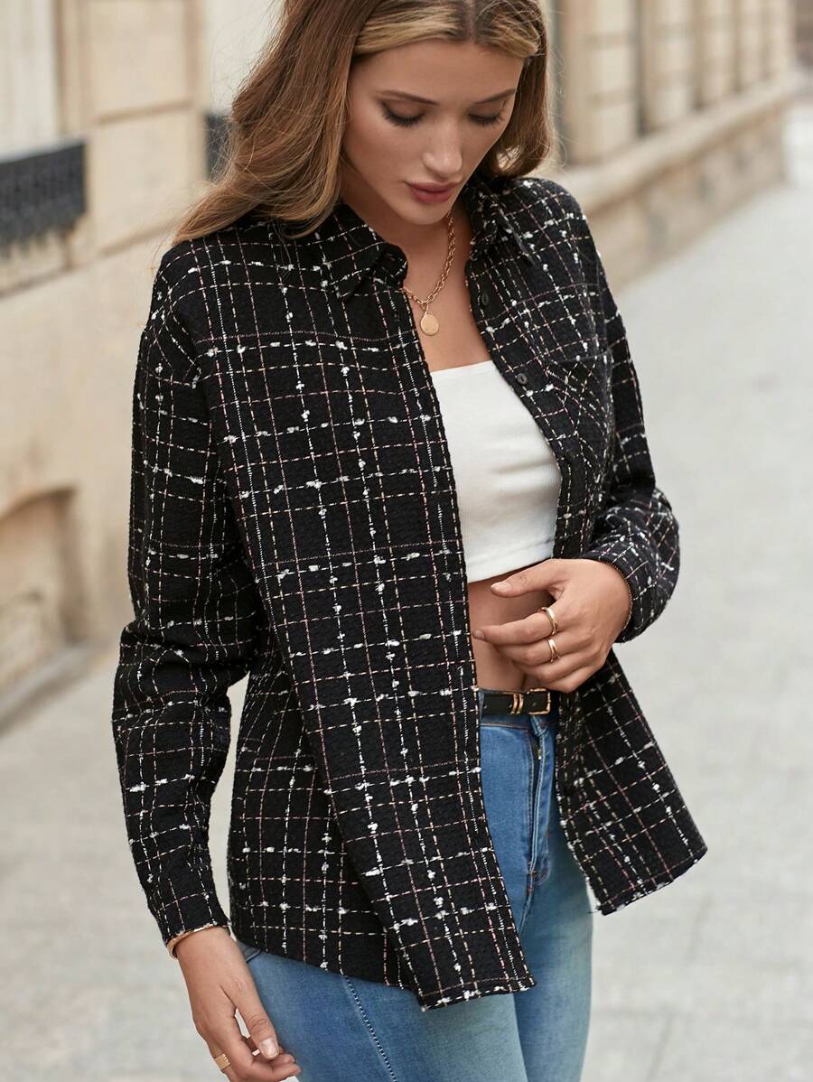 EURMUSE Plaid Print Button Front Shirt - Black and White - View 1