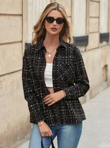 EURMUSE Plaid Print Button Front Shirt - Black and White - View 5