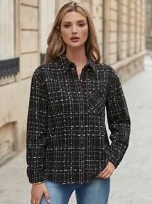 EURMUSE Plaid Print Button Front Shirt - Black and White - View 7