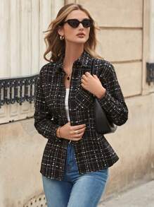 EURMUSE Plaid Print Button Front Shirt - Black and White - View 3