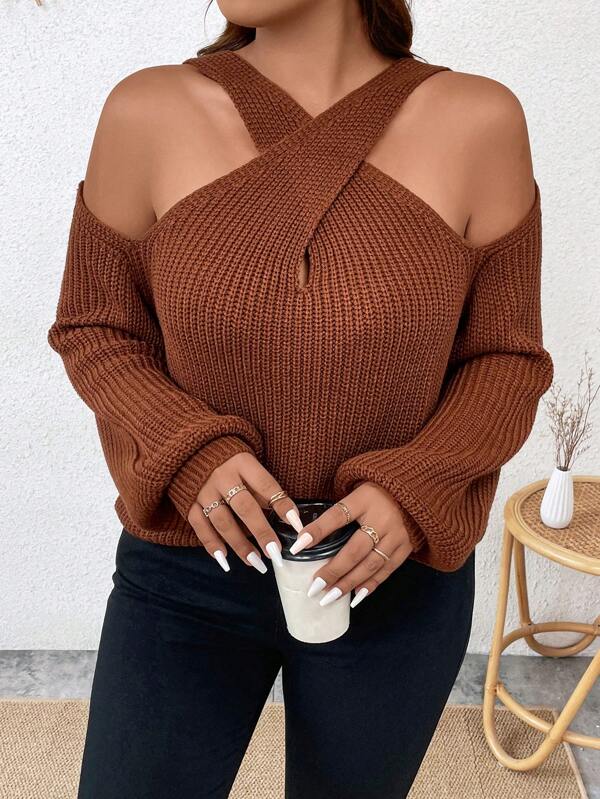 Calvaya Plus Size Loose Sweater Featuring Asymmetrical Neckline Design And Cold-Shoulder Detail