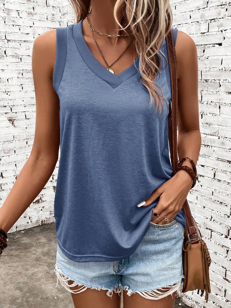 SHEIN LUNE Solid V Neck Tank Top - Royal Blue - View 1