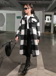 SHEIN Leap Crew 女大童雙面黑色和白色棋盤格長袖西裝領休閒中長款外套 - 黑與白 - 查看 2