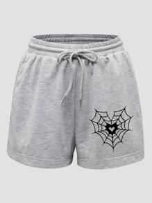INAWLY Halloween Spider Web & Heart Print Drawstring Waist Shorts - Light Grey - View 1
