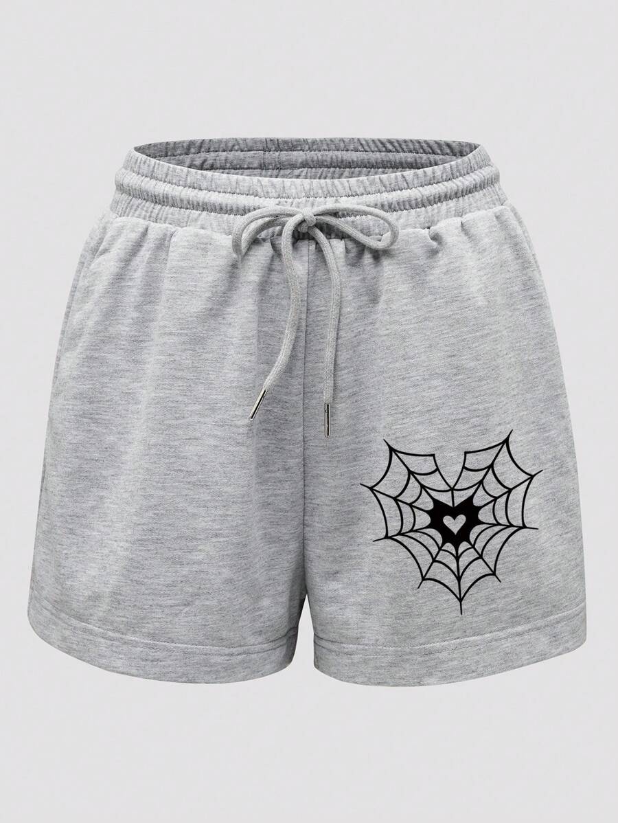 INAWLY Halloween Spider Web & Heart Print Drawstring Waist Shorts - Light Grey - View 1