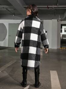 SHEIN Leap Crew 女大童雙面黑色和白色棋盤格長袖西裝領休閒中長款外套 - 黑與白 - 查看 3