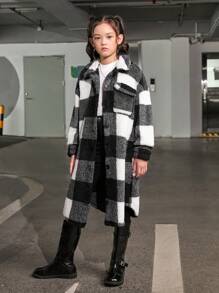 SHEIN Leap Crew 女大童雙面黑色和白色棋盤格長袖西裝領休閒中長款外套 - 黑與白 - 查看 4