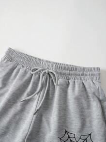 INAWLY Halloween Spider Web & Heart Print Drawstring Waist Shorts - Light Grey - View 3