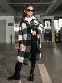 SHEIN Leap Crew 女大童雙面黑色和白色棋盤格長袖西裝領休閒中長款外套 - 黑與白 - 查看 5