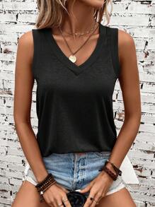 SHEIN LUNE Solid V Neck Tank Top - Black - View 4