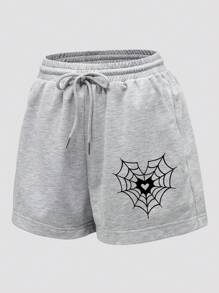 INAWLY Halloween Spider Web & Heart Print Drawstring Waist Shorts - Light Grey - View 5