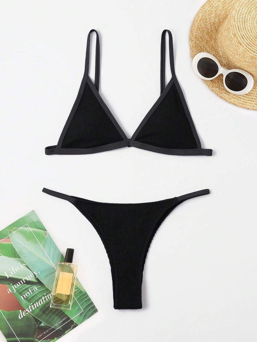 SHEIN Swim Summer Beach Solid Triangle Bikini Set - Black - View 1