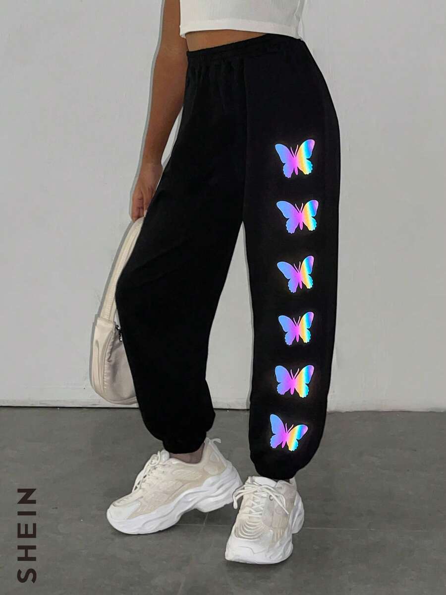 Chicas Pantalones deportivos reflectante con estampado de mariposa - Negro - Ver 1