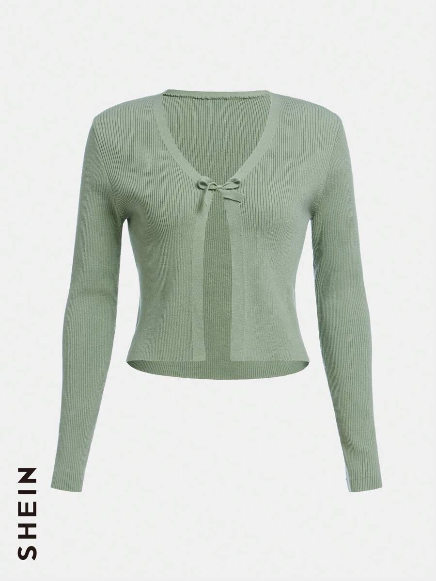 SHEIN Thiếu niên cô gái Chất rắn Tie Trước Áo len Mở Không có áo Top Cami - Màu xanh Bạc hà - Xem 1