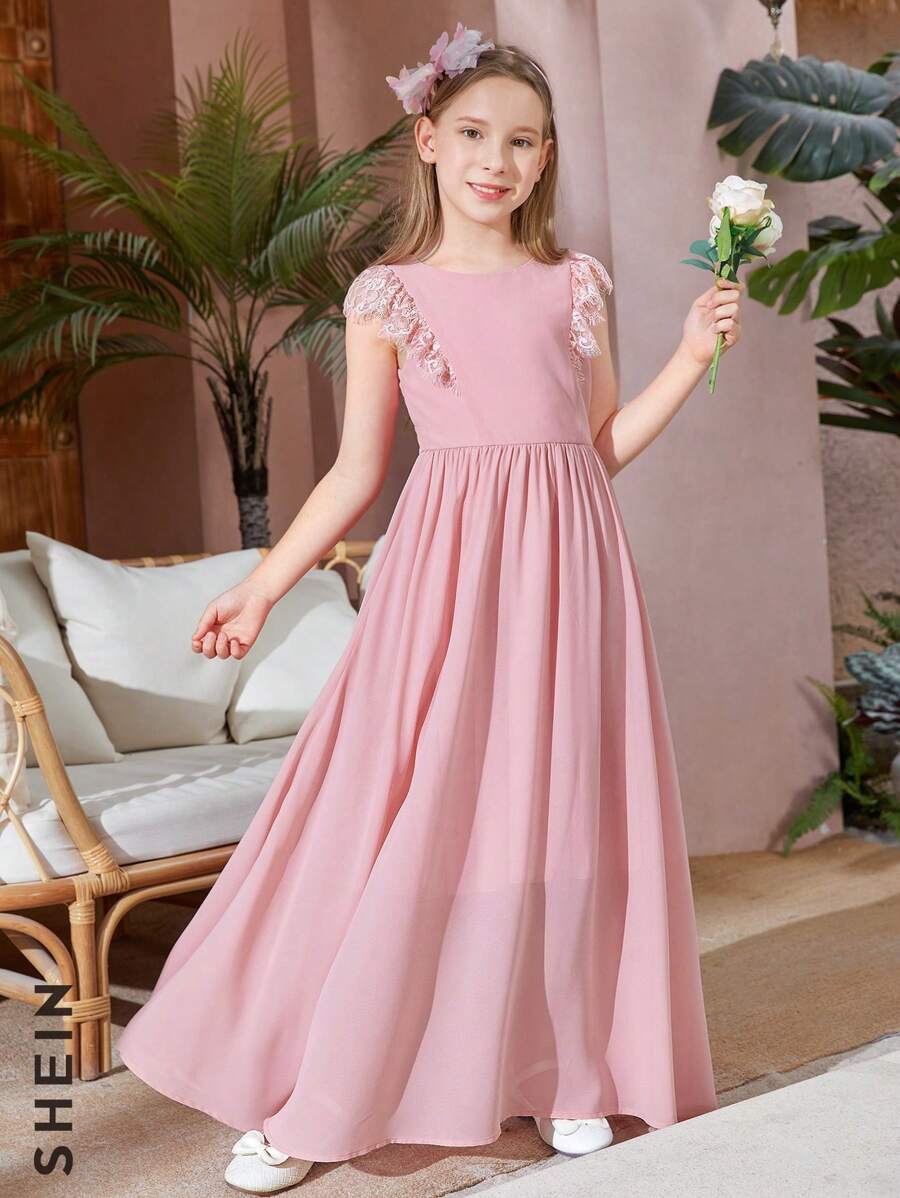 SHEIN Váy chiffon ren tương phản cho bé gái tuổi teen - Màu Hồng baby - Xem 1
