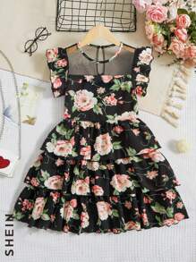 SHEIN Đầm Gái Tương phản Mesh Xù Nút phân lớp Hoa Tất cả trên in Dễ thương - Nhiều màu - Xem 4