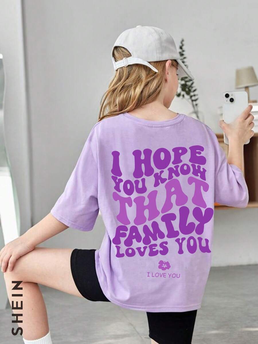 SHEIN Teen Girls' Light Purple Fashionable Casual Summer Short Sleeve T-Shirt With Text Slogan Print - Purple - View 1