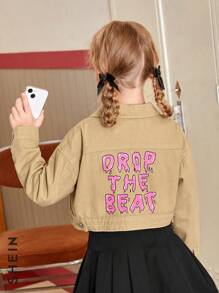 Cô gái Tween Đồ họa Chữ cái Thả vai Áo khoác denim - Màu Khaki - Xem 1