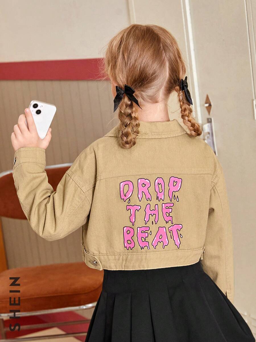 Cô gái Tween Đồ họa Chữ cái Thả vai Áo khoác denim - Màu Khaki - Xem 1