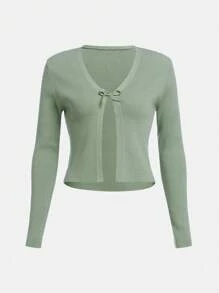 SHEIN Thiếu niên cô gái Chất rắn Tie Trước Áo len Mở Không có áo Top Cami - Màu xanh Bạc hà - Xem 4