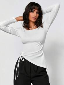 EURMUSE Drawstring Side Asymmetrical Hem Tee - White - View 1
