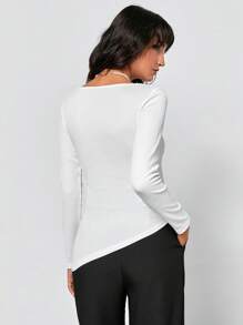 EURMUSE Drawstring Side Asymmetrical Hem Tee - White - View 2