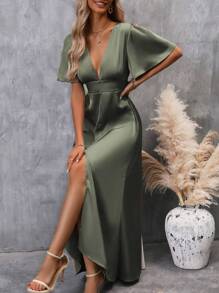 SHEIN Clasi Plunging Neck Butterfly Sleeve Split Thigh Satin Dress Maxi Women Outfit