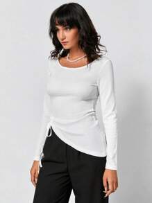 EURMUSE Drawstring Side Asymmetrical Hem Tee - White - View 3