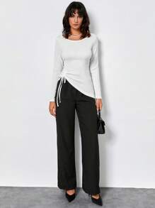 EURMUSE Drawstring Side Asymmetrical Hem Tee - White - View 4