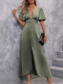 SHEIN Clasi Plunging Neck Butterfly Sleeve Split Thigh Satin Dress Maxi Women Outfit