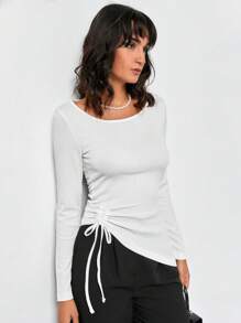 EURMUSE Drawstring Side Asymmetrical Hem Tee - White - View 5