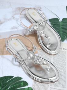 水鑽裝飾夾趾平底涼鞋 - 銀色 - 查看 2