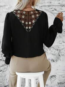 SHEIN LUNE 蕾絲拼接荷葉袖襯衫 - 黑色 - 查看 3