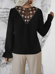 SHEIN LUNE 蕾絲拼接荷葉袖襯衫 - 黑色 - 查看 1