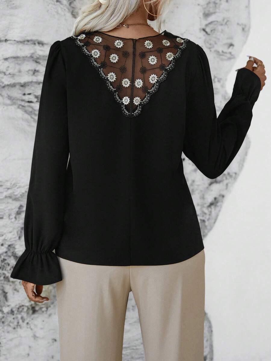 SHEIN LUNE 蕾絲拼接荷葉袖襯衫 - 黑色 - 查看 1