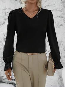 SHEIN LUNE 蕾絲拼接荷葉袖襯衫 - 黑色 - 查看 4