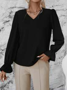 SHEIN LUNE 蕾絲拼接荷葉袖襯衫 - 黑色 - 查看 2