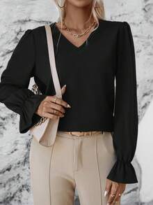 SHEIN LUNE 蕾絲拼接荷葉袖襯衫 - 黑色 - 查看 5