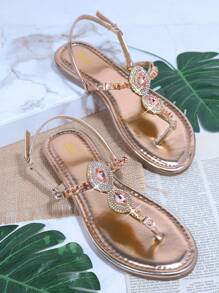 水鑽裝飾T字帶涼鞋 - 玫瑰金 - 查看 2