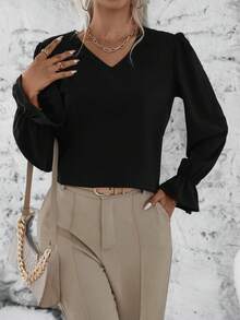 SHEIN LUNE 蕾絲拼接荷葉袖襯衫 - 黑色 - 查看 6