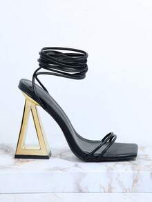 Minimalist Tie Leg Strappy Sandals - Black - View 2