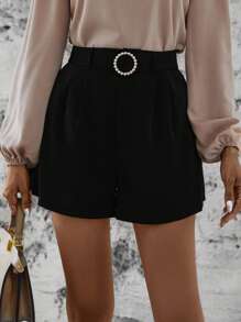 SHEIN LUNE Solid Plicated Detail Belted Shorts - Black - View 2
