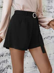 SHEIN LUNE Solid Plicated Detail Belted Shorts - Black - View 4