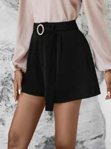 SHEIN LUNE Solid Plicated Detail Belted Shorts - Black - View 6