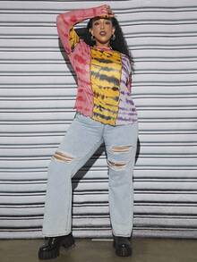 SHEIN CURVE+ Hơn Nhuộm buộc Khối màu Khâu trên cùng Áo thun - Nhiều màu - Xem 3