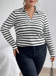 SHEIN Franclia Plus Striped Print Polo Neck Tee