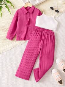 SHEIN Young Girl Solid Cami Top & Pants & Button Up Shirt