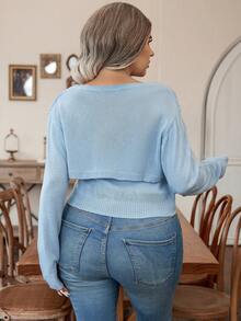 Calvaya Talla grande de hombros caídos súper crop Jersey & tubo Top de punto - Azul - Ver 2