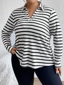 SHEIN Franclia Plus Striped Print Polo Neck Tee